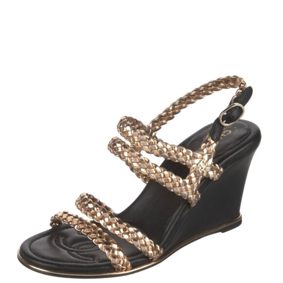 CHANEL Shoes - Chanel Gold Braided Strap CC Logo Black Leather Slingback Wedge Sandals